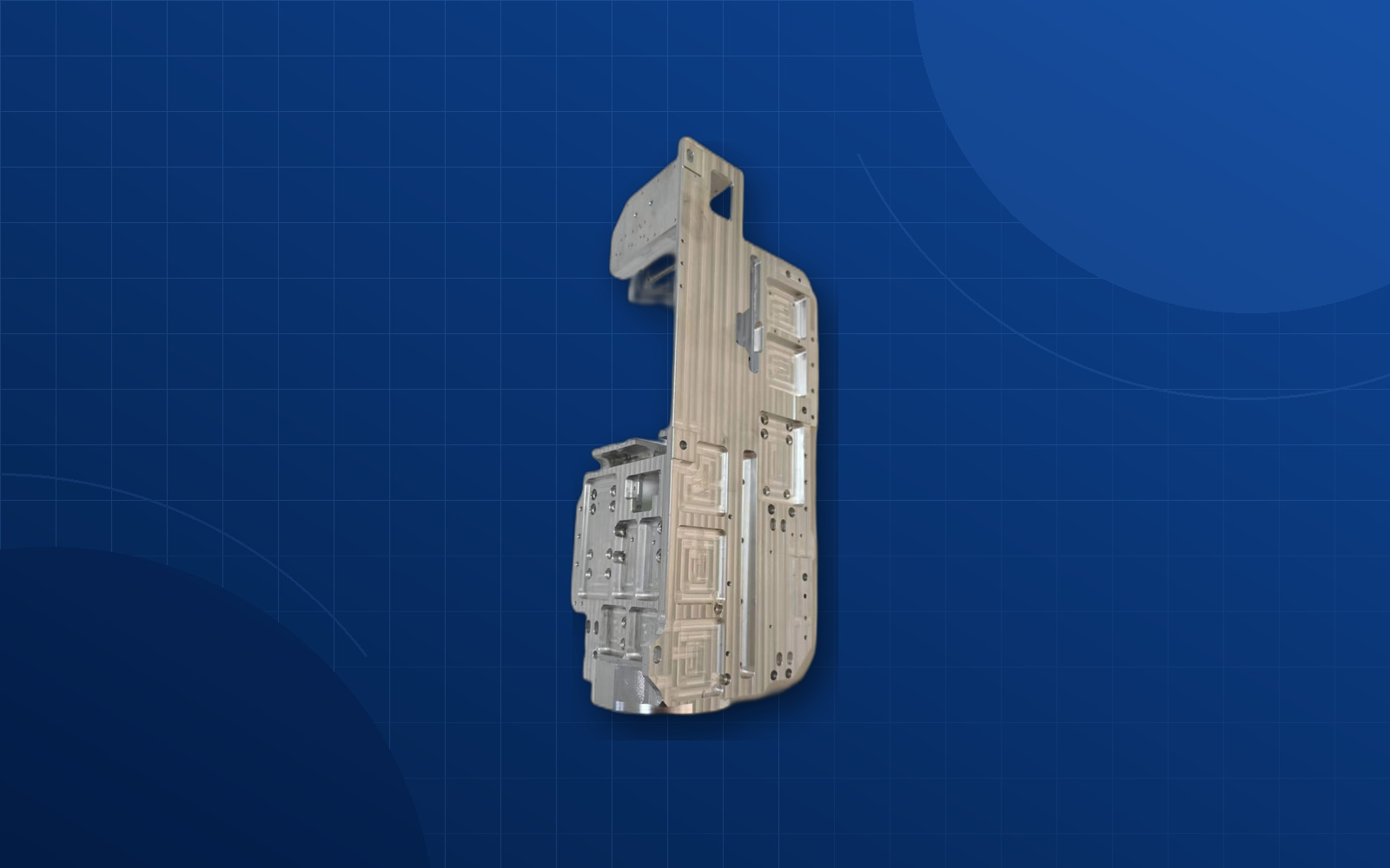 Deep blue background CNC machined aerospace part